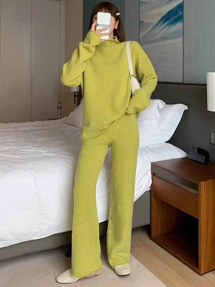 

Spring Fall 2Piece Sets Half High Collar Soft Pullovers Ensemble High Waist Wide Leg Pant Suits Knit Solid Color Conjuntos LU209