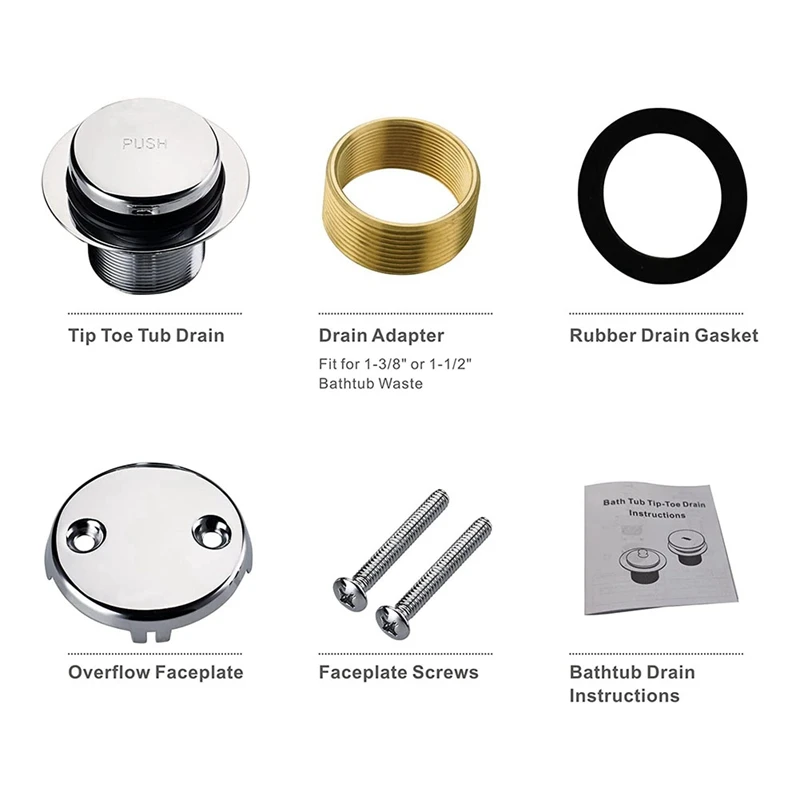 Chrome Tip Toe Bathtub Tub Drain Conversion Kit Assembly, Tub Drain Trim Kit With Two Hole Overflow Faceplate