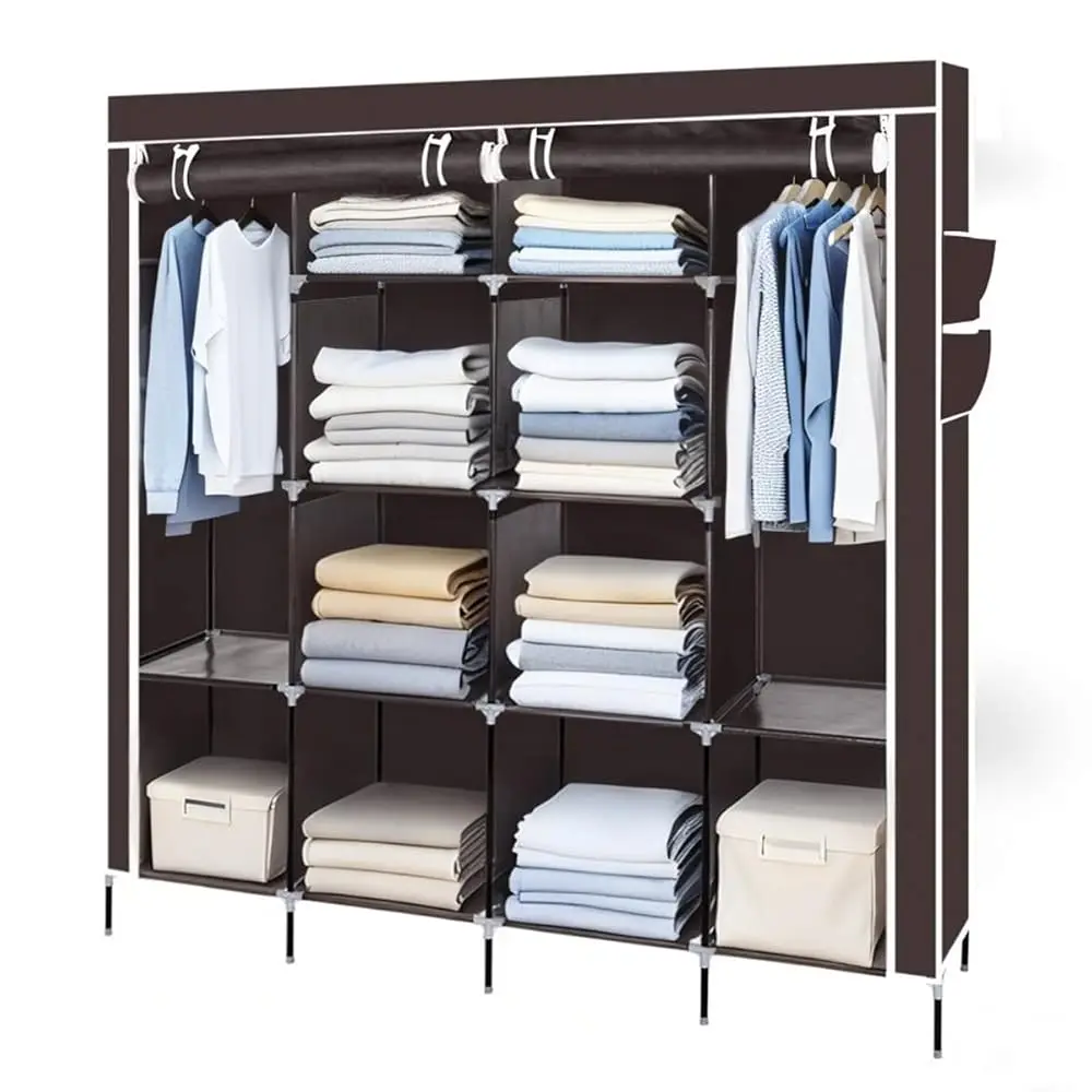 

Portable Closet, Wardrobe With 12 Shelves, 2 Adjustable Hanging Rod And 4 Side Pockets, Dustproof Waterproof Cover,