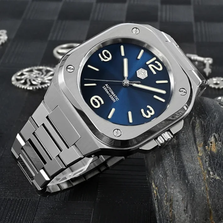 

San Martin Мужские автоматические часы Роскошные квадратные механические наручные часы 40 мм с сапфировым зеркалом BGW-9 Светящиеся 10ATM Водонепроницаемые YN55