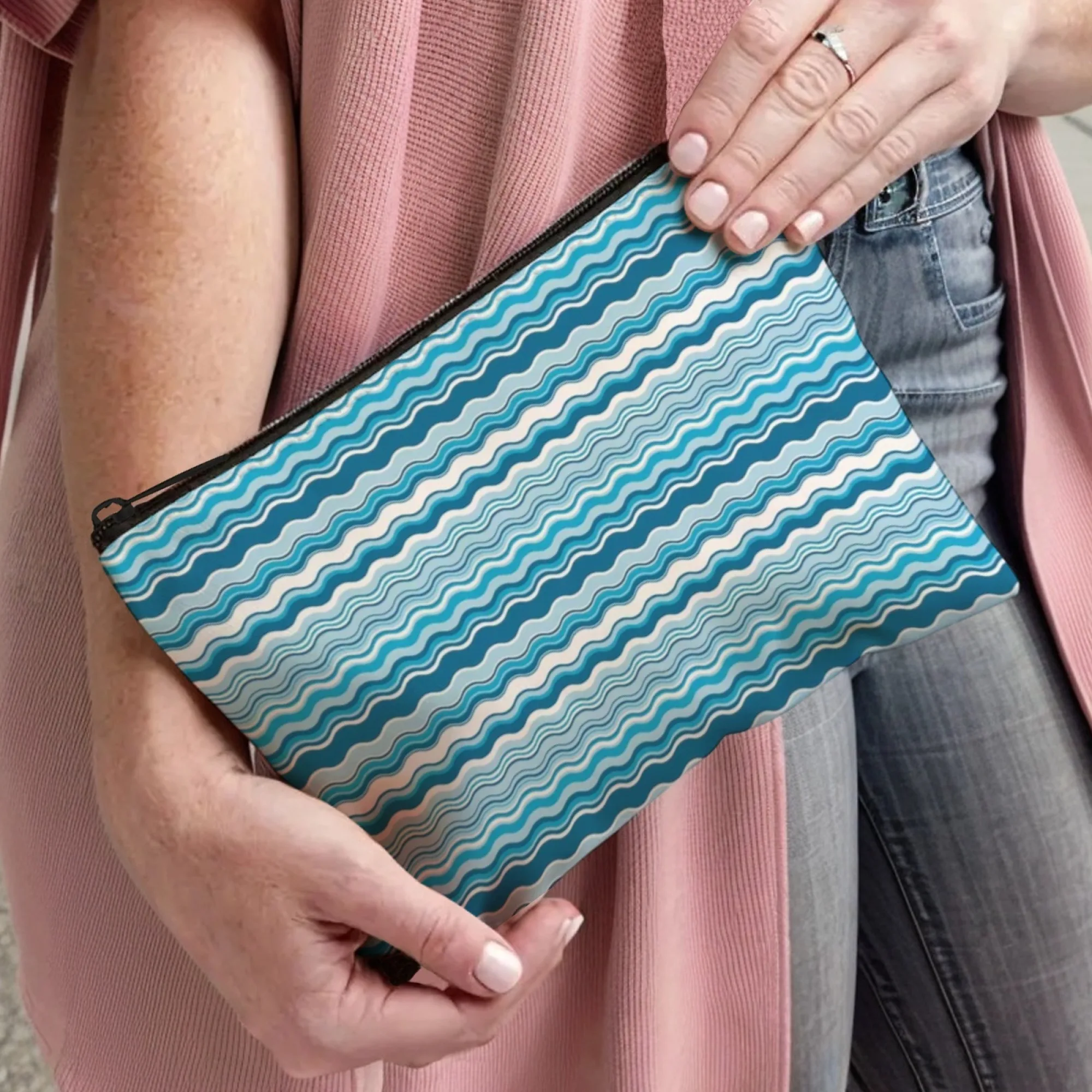 Borsa per cosmetici alla moda con stampa di onde blu Ombre da turchese a onde blu marine Custodia leggera con cerniera per regali di viaggio e trucco