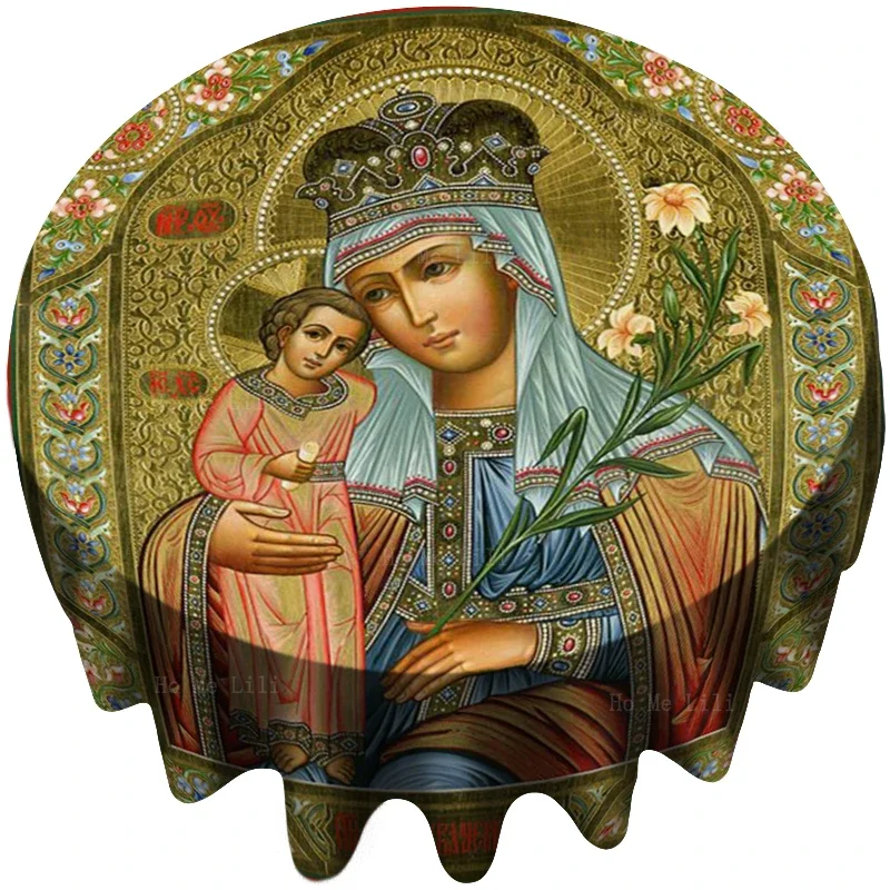 Mother Of God Russian Virgin Mary Icon Our Lady Of The Immortal Flower  Round Tablecloth By Ho Me Lili Tabletop Decor