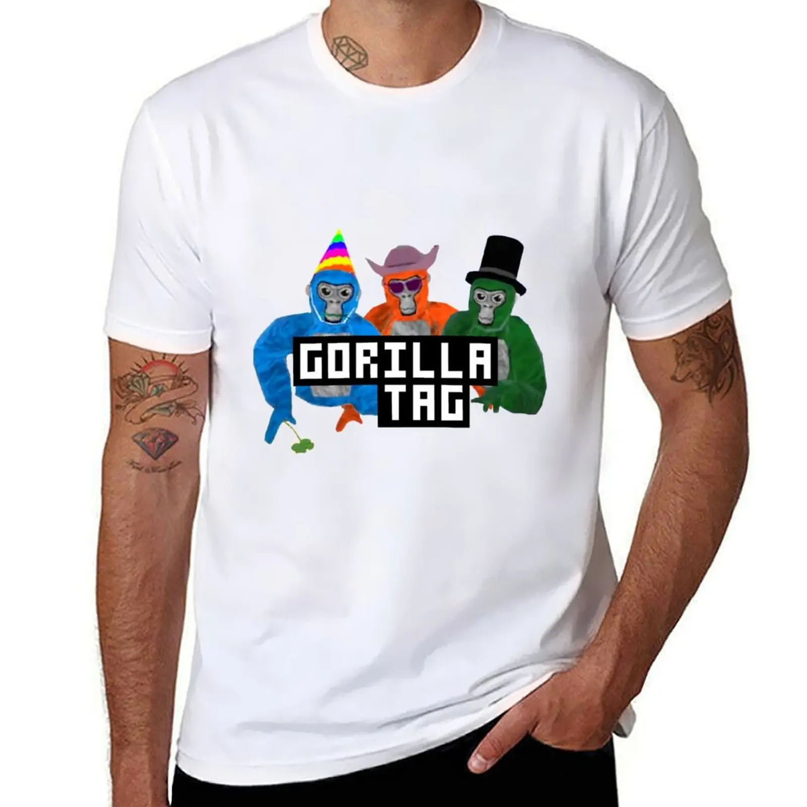 Gorilla Tag Gorilla Blue Party Hat Orange Cowboy Green Top Hat Monkey by POLKART T-Shirt