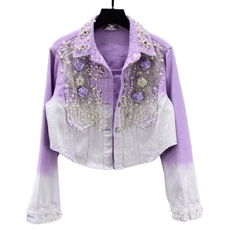 Heavy Industry Nails Flower Design Gradual Change Color Denim Short Jacket Women's  Korean Version  Fried Long Sleeve Jacket Top