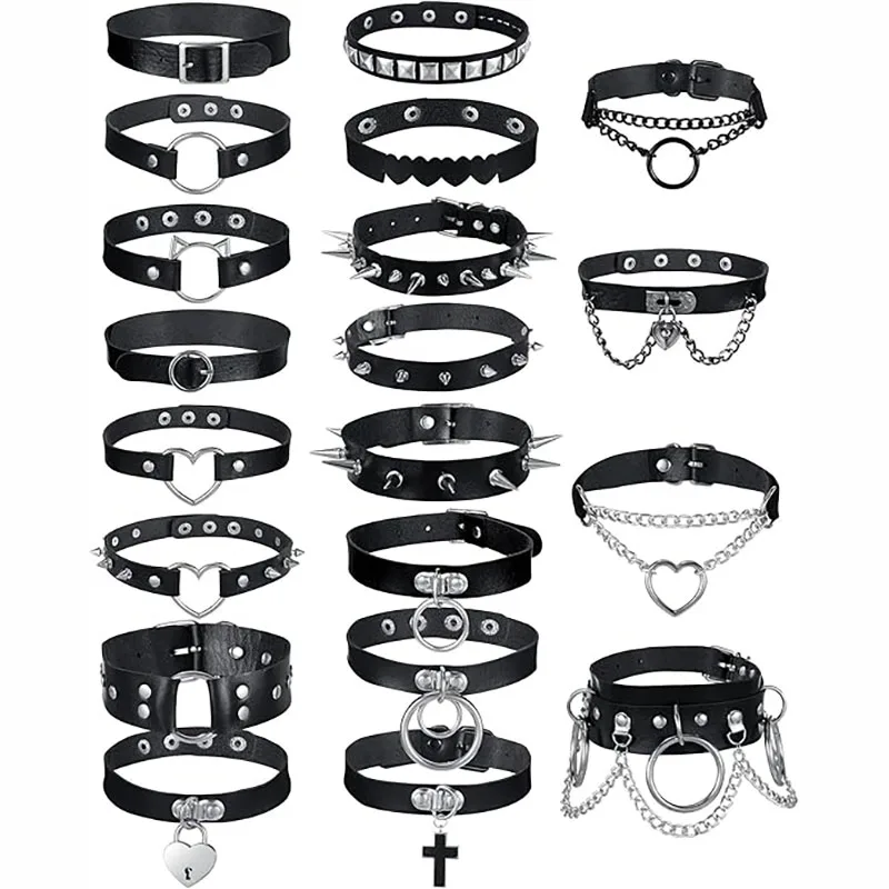 

Punk PU Leather Choker Necklaces Gothic Spiked Choker Set Adjustable Black Leather Goth Studded Rock Rivet Halloween Costume