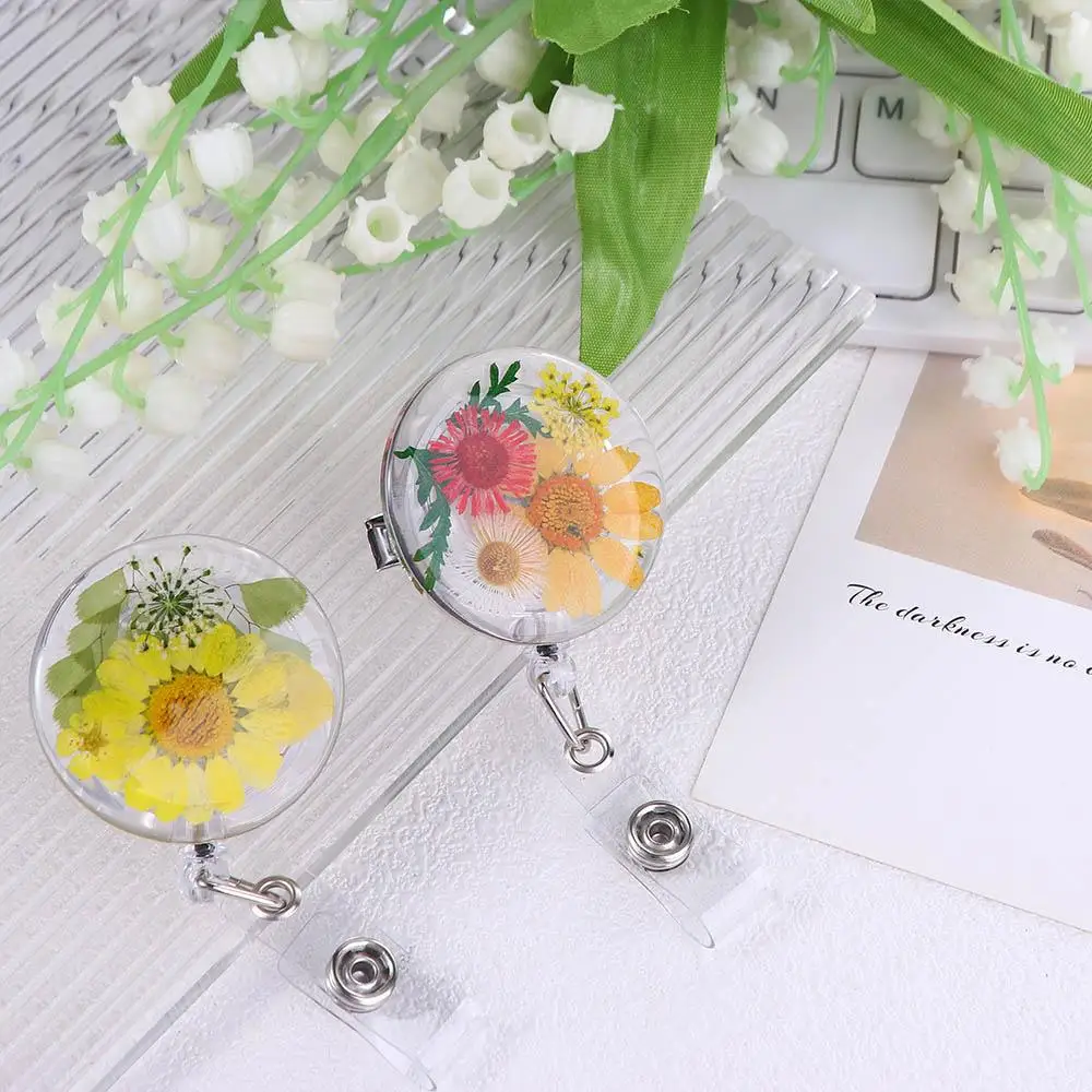 Charm Charms Jewelry Transparent Pressed Floral Key Holder Retractable ID Lanyard Badge Reel Reels Keyring Card Badge Holder