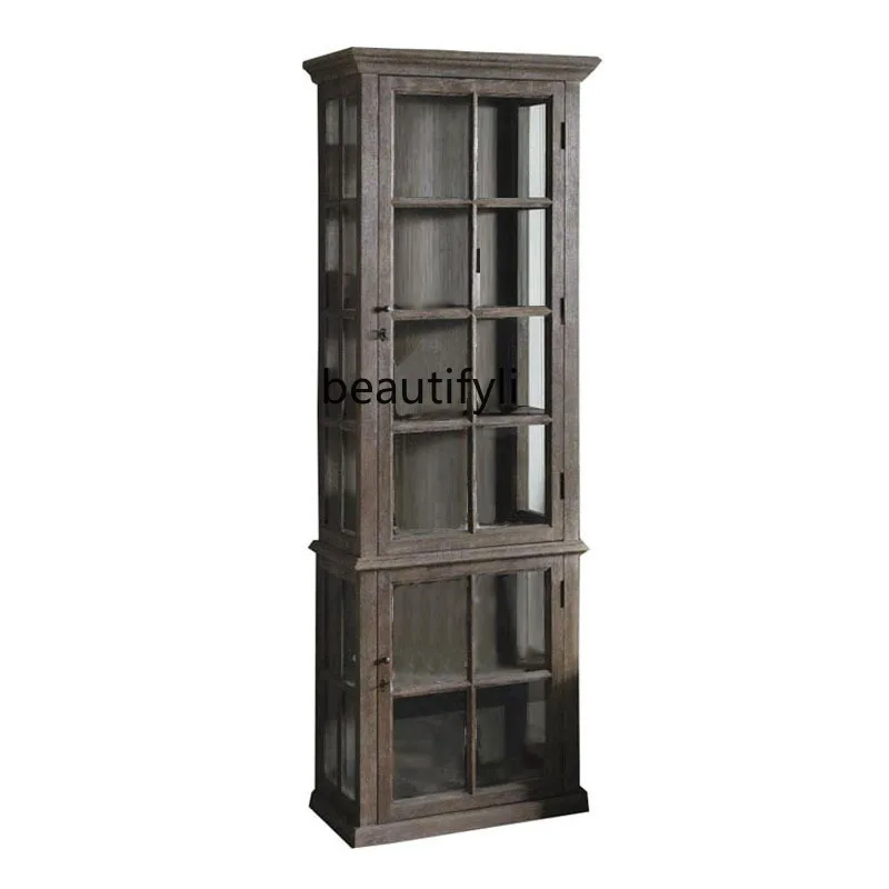 

American retro solid wood bookcase dining edge French display locker glass door