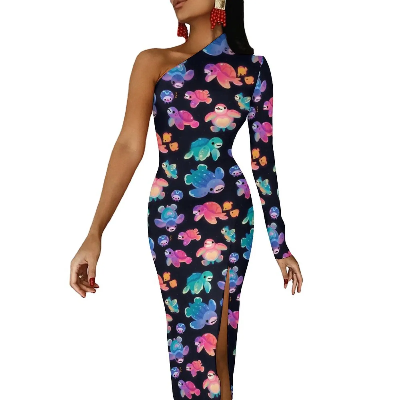 

Cute Sea Turtle Maxi Dress One Shoulder Colorful Animal Aesthetic Bodycon Dresses Spring Elegant Dress Ladies Design Clothing