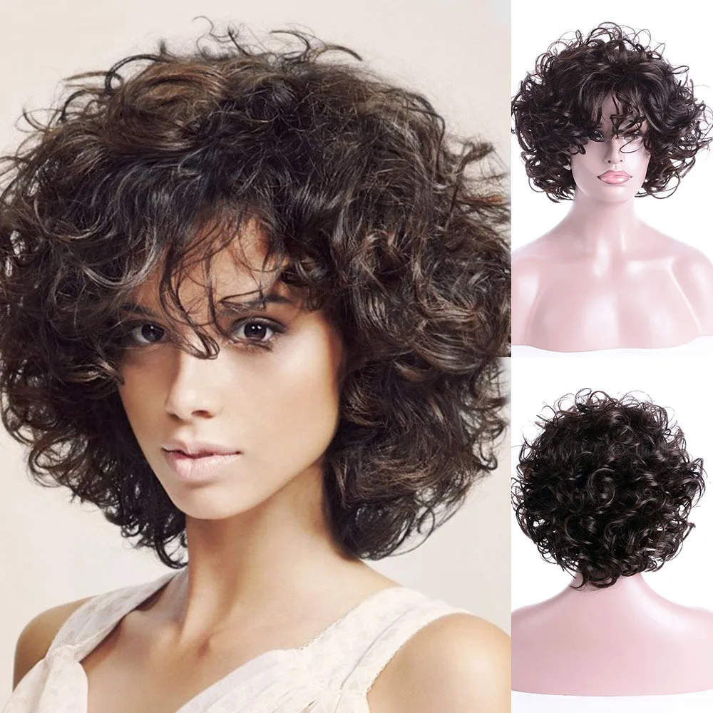 Short Women Dark Brown Wigs Fluffy Curly Wavy Synthetic Hair Wig With Bangs Water Wave Party Wig Rose Net Heat Resistant Fiber