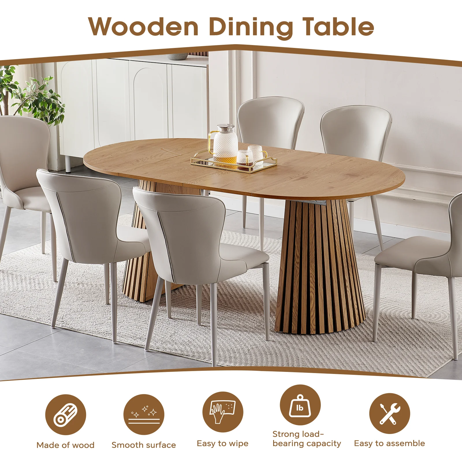 Wooden Modern Extendable Dining Table with Slatted Legs Durable Space-saving Oval Design for Home Office & Tea Table
