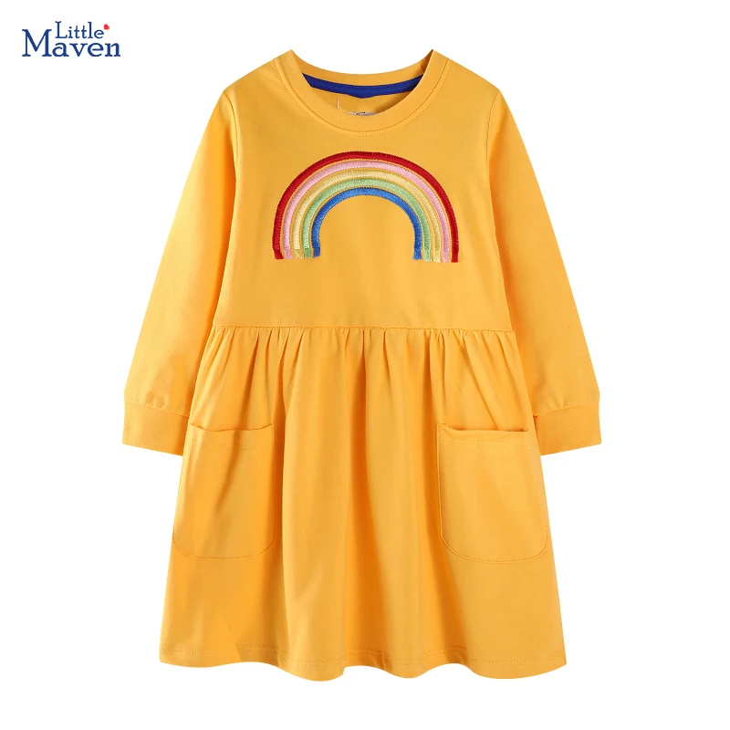 

Little maven New Autumn Spring Baby Girls Cartoon Rainbow Princess Dress with pockets for Girl Kids Clothes Long Sleeve Dresses