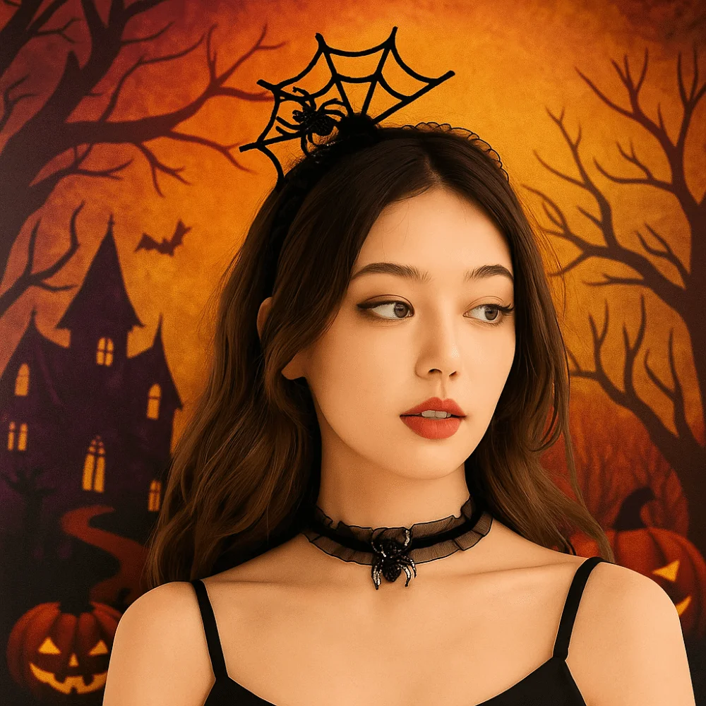 

Funny Black Halloween Headband Ruffles Mesh Hairband Necklace Set Hollow Cosplay Props Spider Web Hairband Ladies