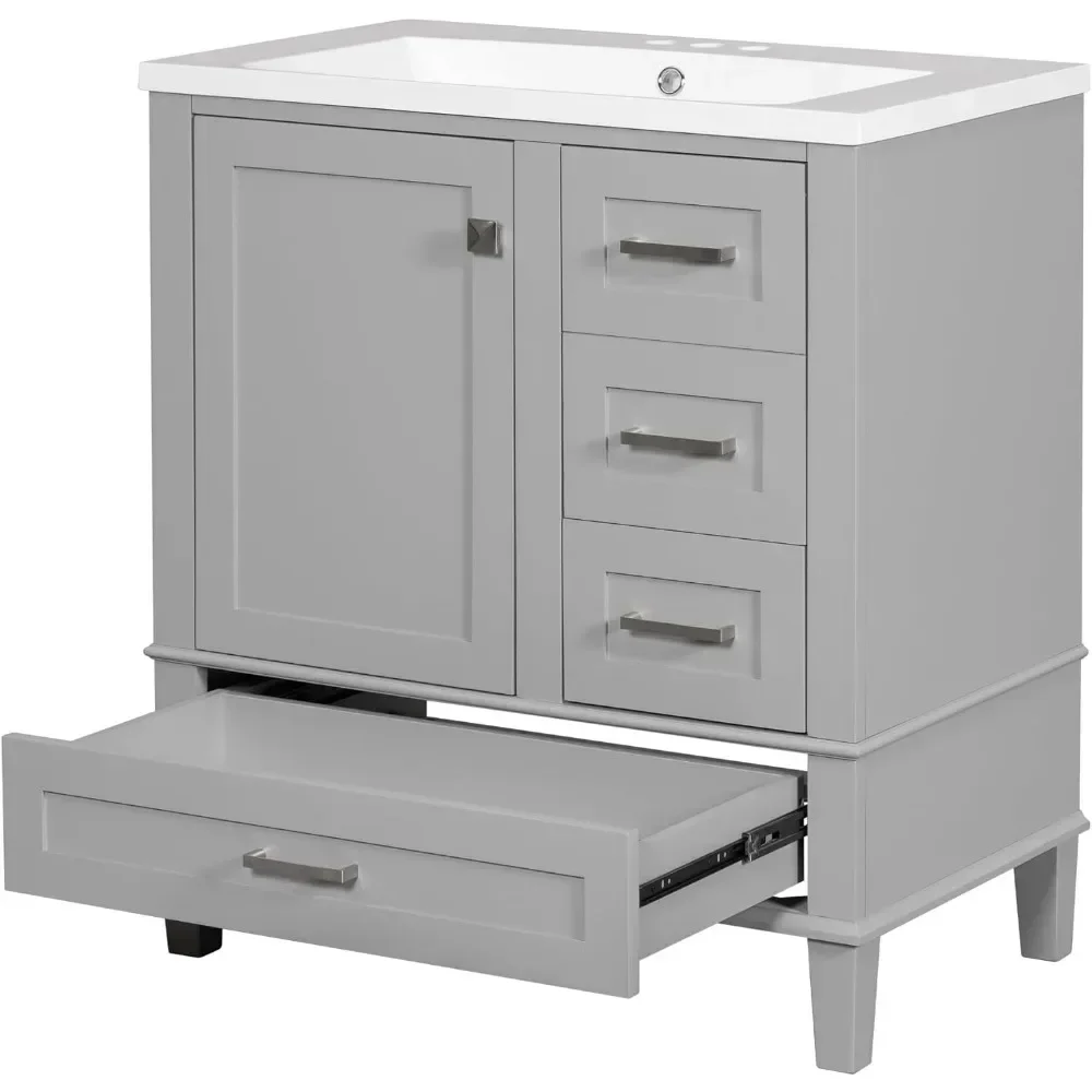 Vaidade do Banheiro Merax com Sink Top Combo, Armário Moderno com Porta de Fechamento Suave, 3 Gavetas, Cinza, 30 polegadas