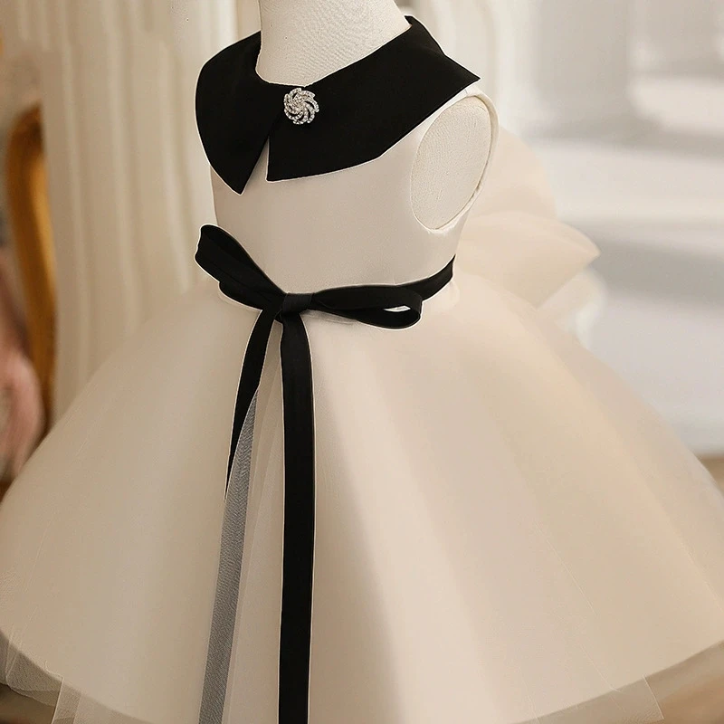 2026 New High-end Mesh Dress Korean Girls Birthdays Stylish Flower Girl Black Bow Princess Dress Sleeveless
