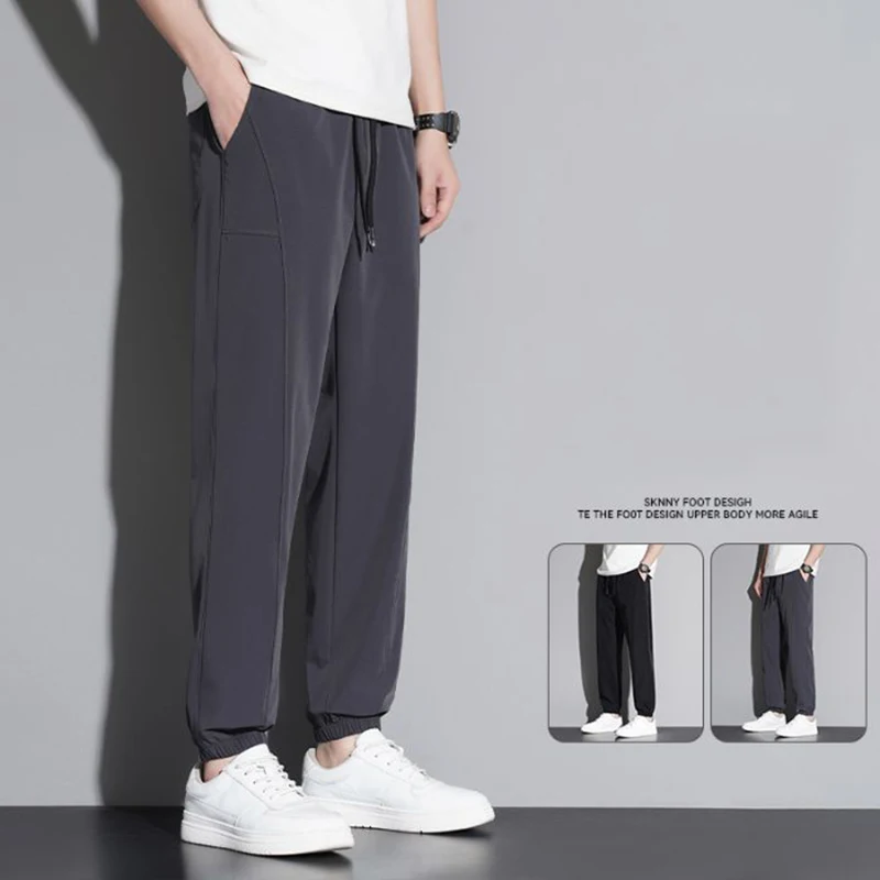 

Men High Street Wear Resistant Quick Drying Taper Leg Ice Silk Joggers Male Stretch Loose Casual Black Gray Ankle Length Pants