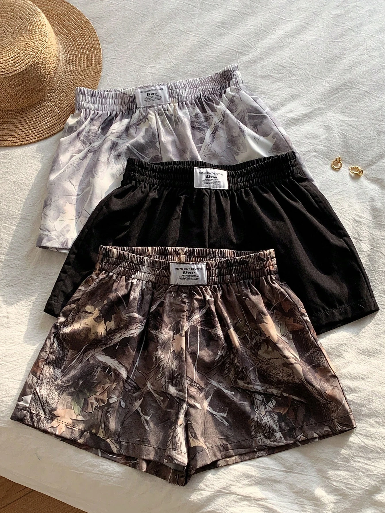 Three-Piece Set of Three-Color American-Style Jungle Camouflage Shorts, Elastic Waist, Wide-Leg, Loose-Fitting, Versatile, Thin Casual Sports Shorts