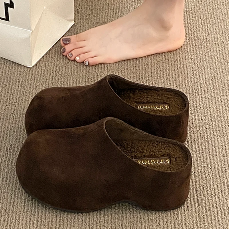 شباشب نسائية من جلد الغزال أحذية البغال بكعب عالي أحذية قطنية للثلج غير رسمية 2025 شباشب منزلية جديدة فستان شتوي مريح أحذية امرأة #2