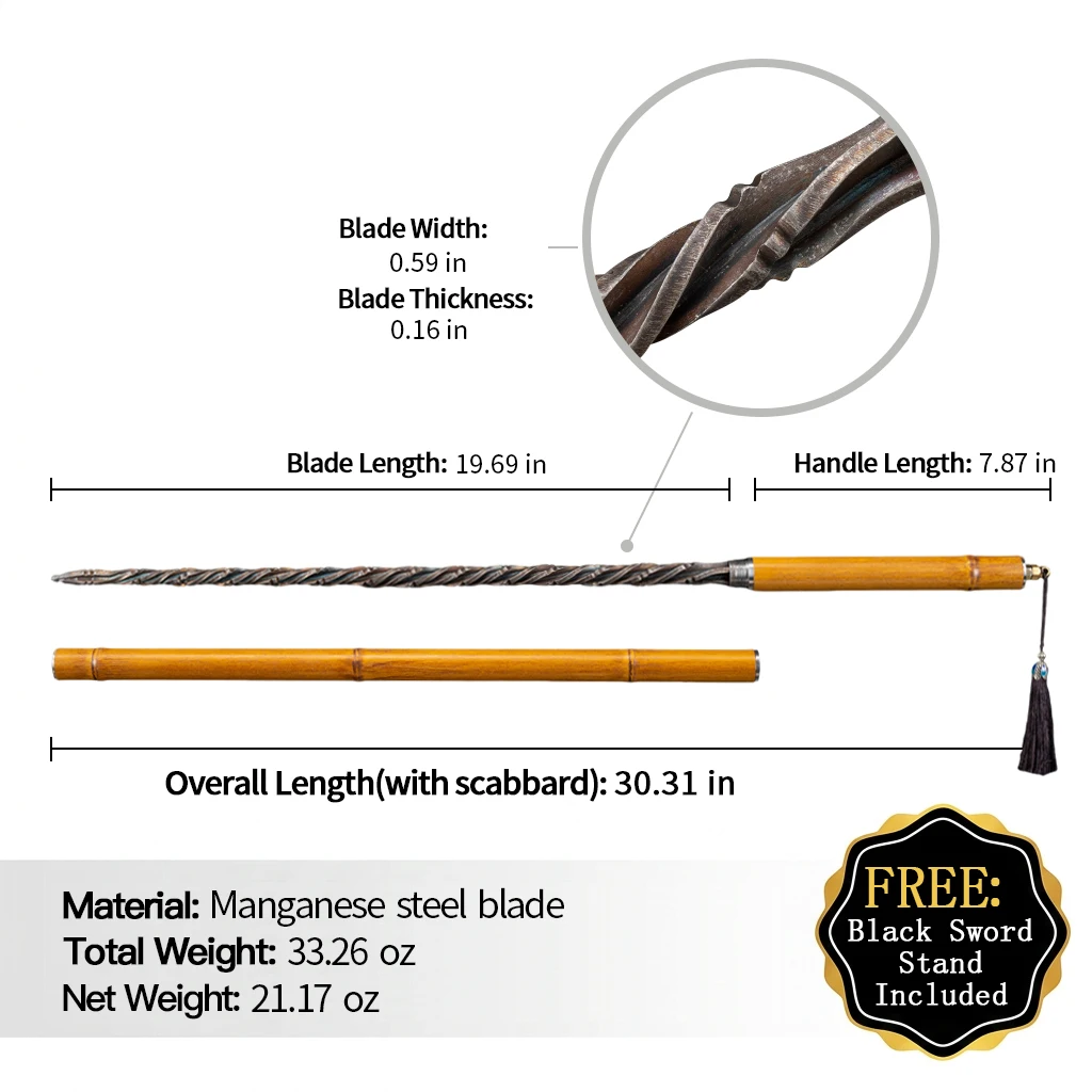 Traditional Chinese  Sworrd with Twisted Steel Blade Martial Arts Training Staff Whip Spear Decorative