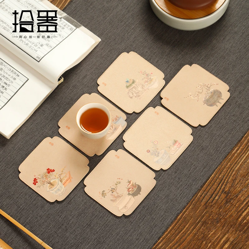 Chinese style embroidery dry tea coaster cup holder cotton linen Zen anti-ironing heat insulation mat cloth teapot bearing tea m