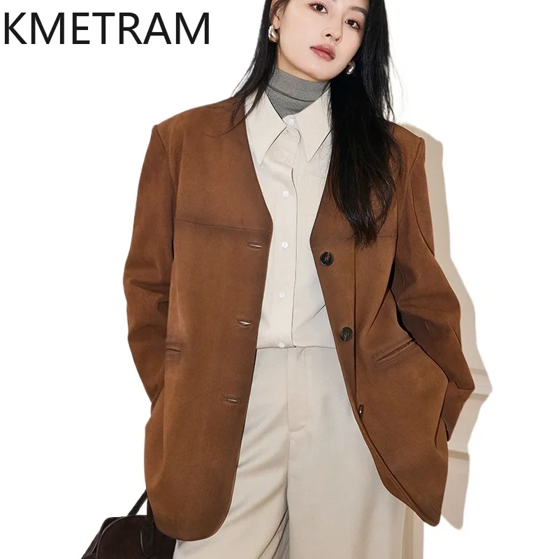 Real Goatskin Leather Jacket Women Vintage Brown Suit Jackets 2024 New in Outerwears Autumn Clothes Loose Fit дубленка женская