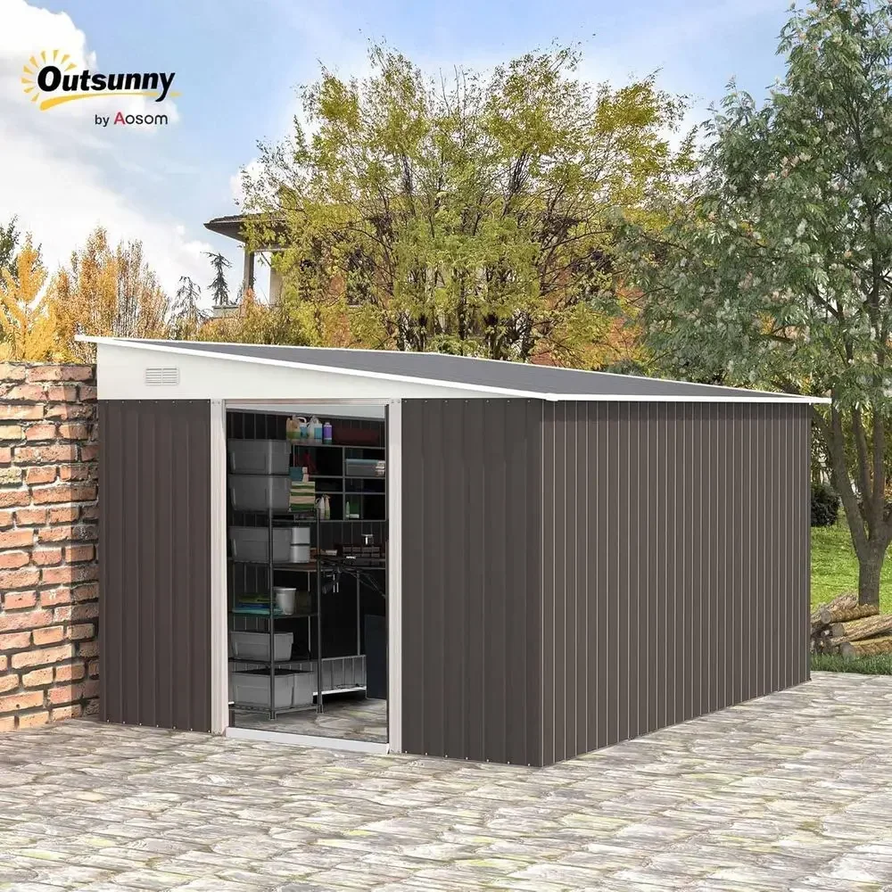 Gray 11' x 9' Outdoor Storage Shed with Sloping Roof and Lockable Door for Garden Tools, Bikes, Patio, and Lawn Equipment