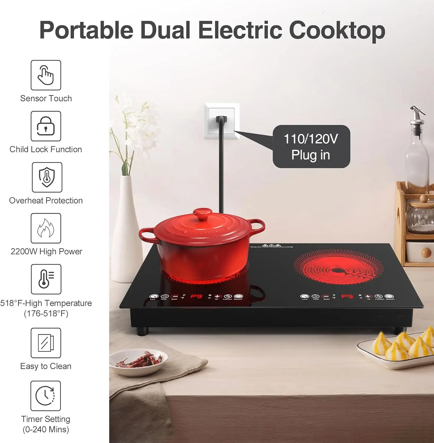 24 inch 2 Burner Electric Cooktop,Built-in and Countertop Electric Stove Top,2200W Electric Stove,9 Power Levels, Kids Lock & Ti