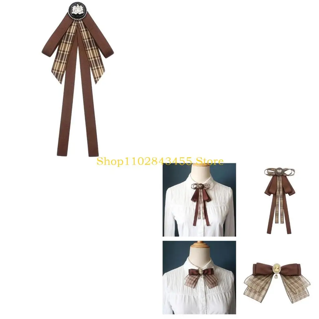 49MC French Retro Ribbon Bows Tie Brooch Pin for Women Girls Brown Plaids Uniform Pre Tied Bowknot Corsage Party Accessories
