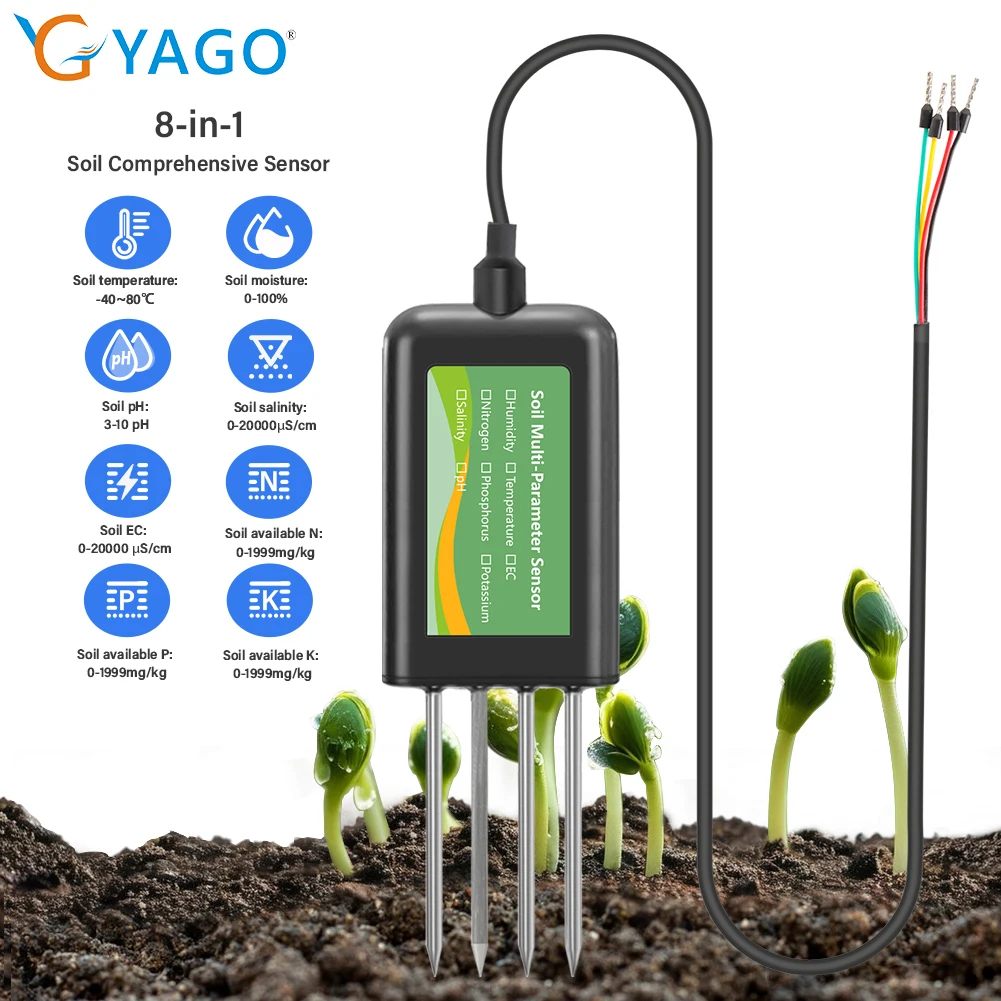 Bodensensor 8-in-1 RS485 EC pH Feuchtigkeit Temperatur Salzgehalt NPK Messgerät für Landwirtschaft Garten Smart Farm Langzeitüberwachung