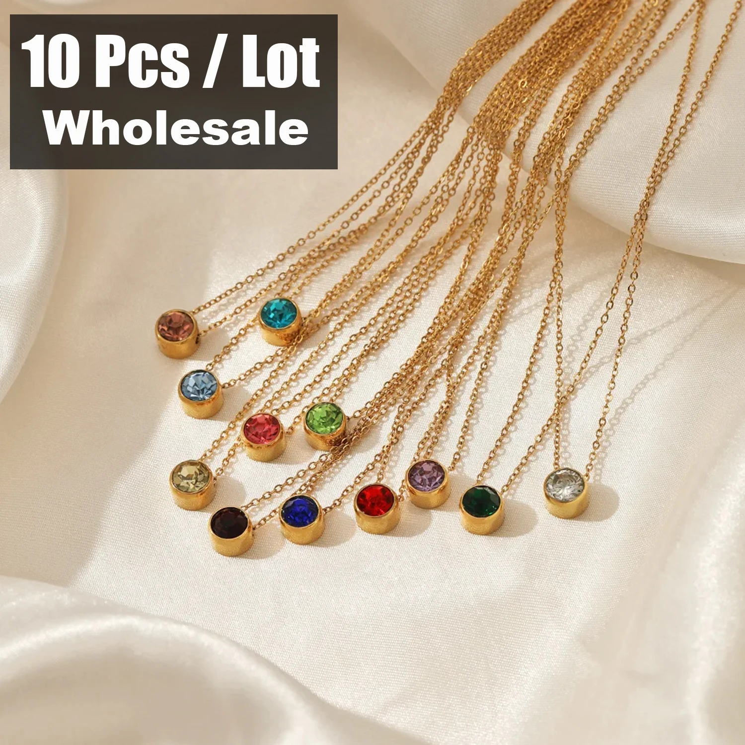 10PCS Stainless Steel Birthstone Necklace for Woman Gold Color Bride Designer Pendant Necklaces Birthday Gift Jewelry Wholesale