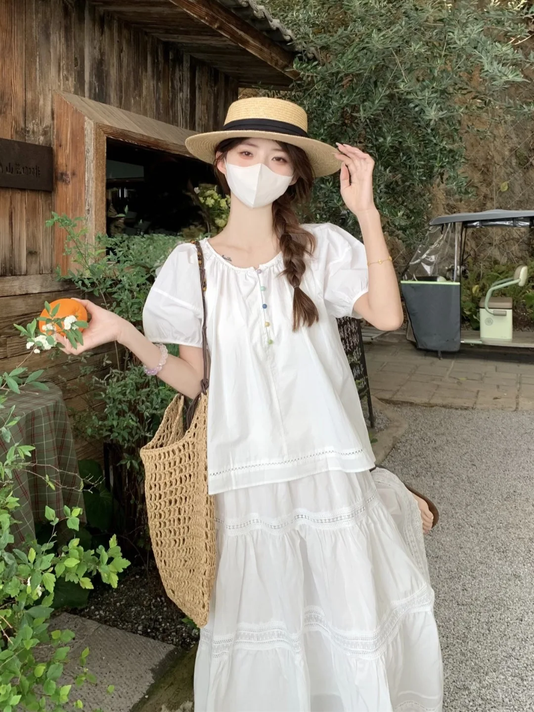 

Sweet Summer Short Sleeve round Neck Lace Trim Splice Women's Shirt Chic Top Button Floral Print Casual Commute Wear