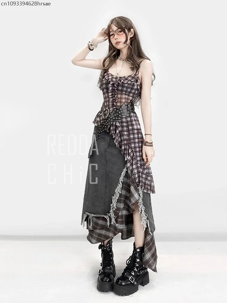 

2025 SUMMER Retro Y2k Women Clothes Stitching Plaid Top Skirt Set Spaghetti Strap Ruffled Cami Dual-button Maxi Long Denim Skirt