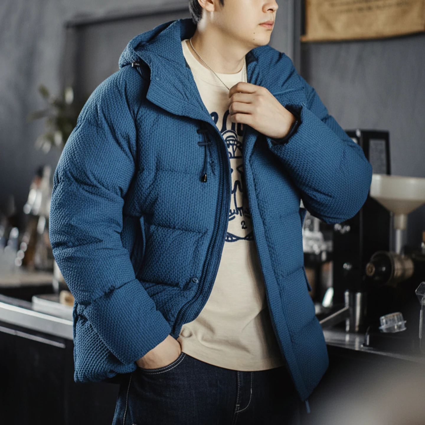 

Maden повседневный мужской пуховик из 90% белого утиного пуха с капюшоном, теплая текстурированная верхняя одежда на молнии из хлопчатобумажной ткани на осень-зиму