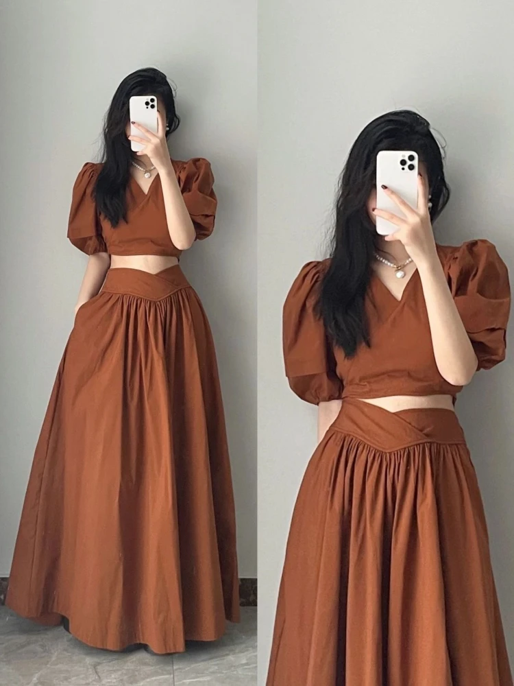 Chic Dress Sets Women Fashion Solid Simple Loose Leisure Short Sleeve Tops Girls Young Popular All-match Folds Midi Skirts Ins