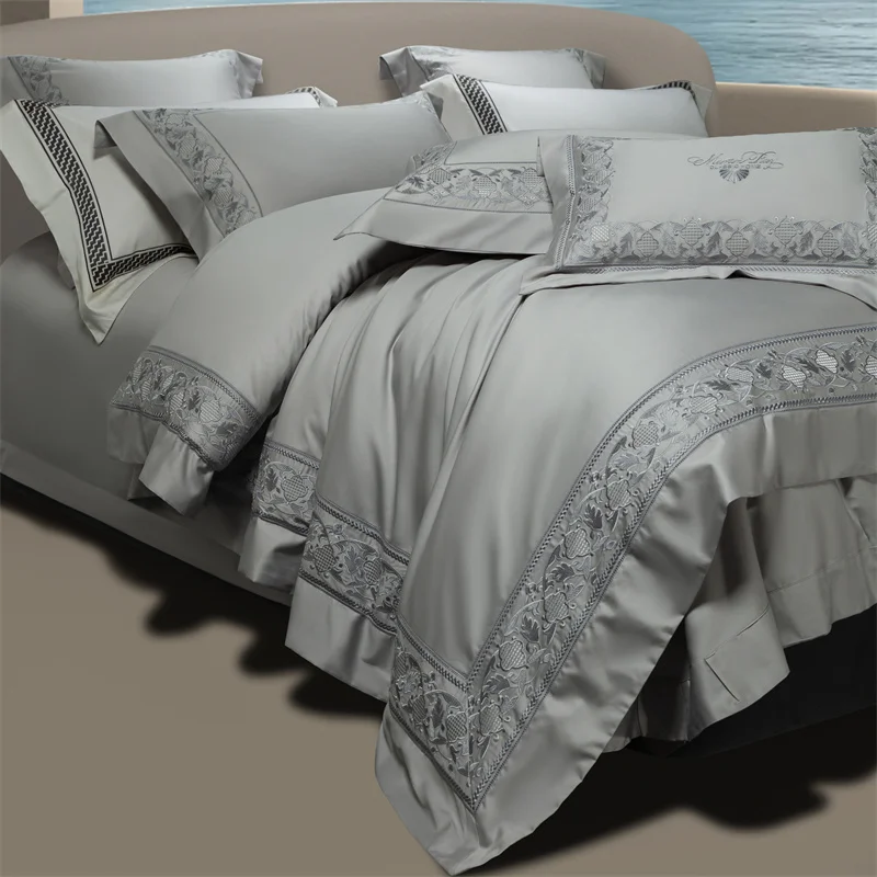 

1400TC Egyptian Cotton Silky Luxury Wide Edge Embroidery Grey Bedding Set Duvet Cover Bed Sheet/Fitted Sheet Pillowcases 4Pcs