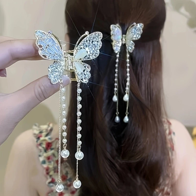 1PC zinc alloy rhinestone butterfly hair ornament, elegant and delicate imitation pearl headdress, high-end retro hair clip, sui