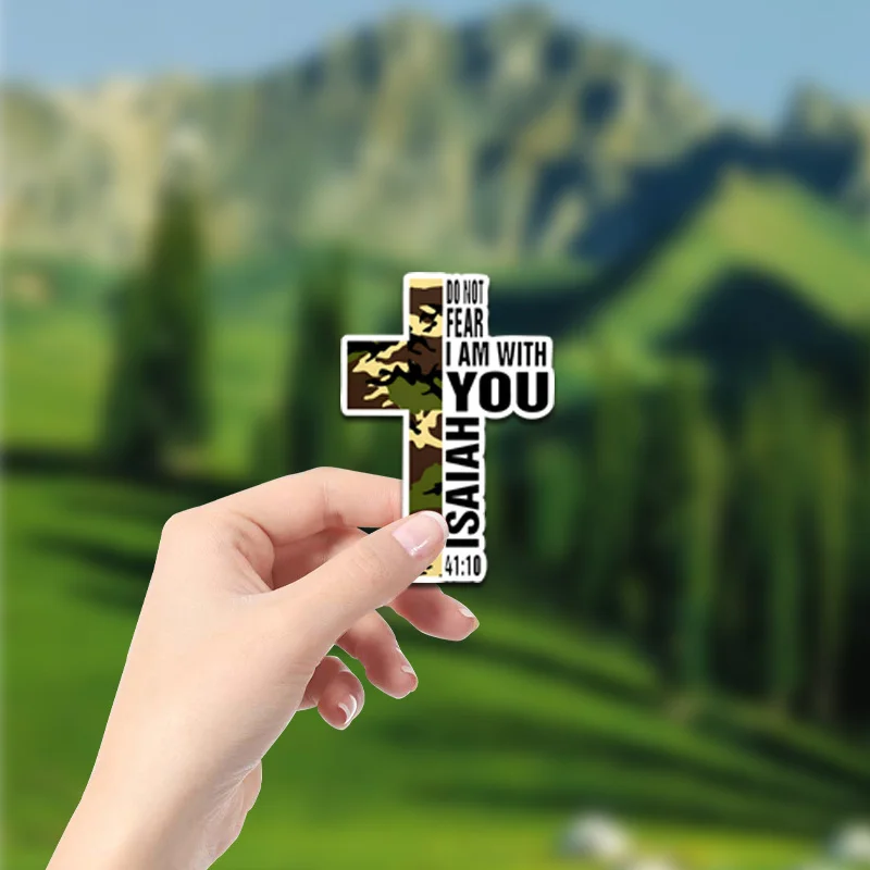 A Fun Cartoon Sticker with a Vintage Cross Design Inspired by Isaiah 41:10, Matte Finish. Durable Plastic Surface Compatible