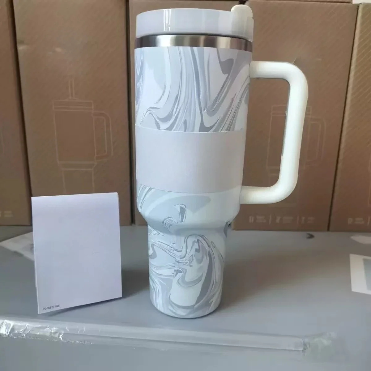 كوب سفر من الفولاذ المقاوم للصدأ بسعة كبيرة 40 أونصة مع مقبض وغطاء من القش |   المكتب والسفر ضروري |   كوب معزول مانع للتسرب