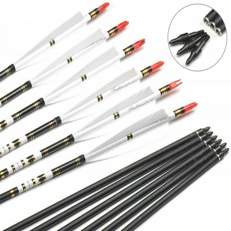 12Pcs 30-inch Archery Mixed Carbon Arrow Spine 500 with Natural Turkey Feather for Outdoor Hunting Shooting