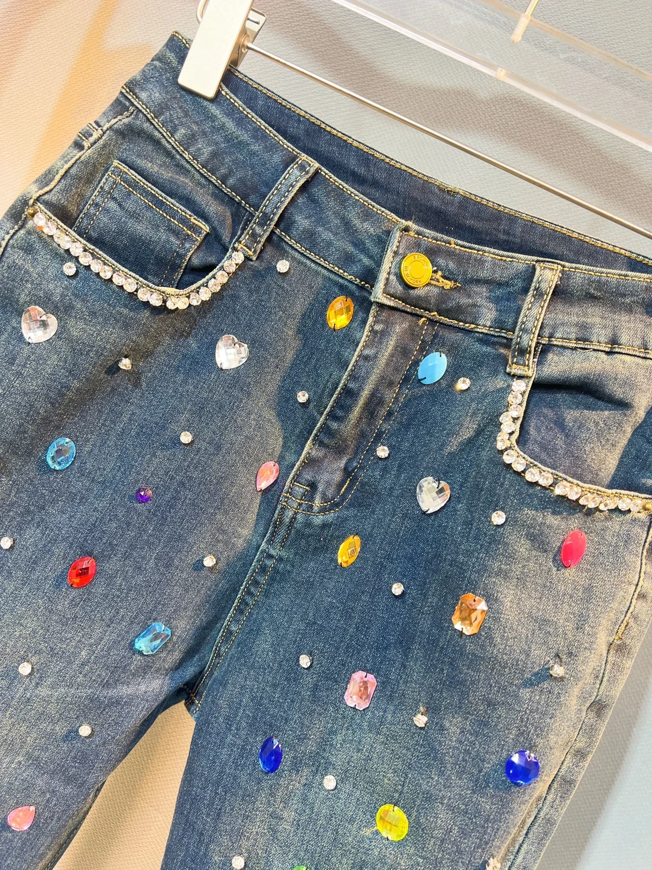 Exquisite Rhinestone Beaded Black Bell-Bottom Pants Women\'s 2023 Autumn Winter Jeans High Waist All-Matching Denim Blue Pants