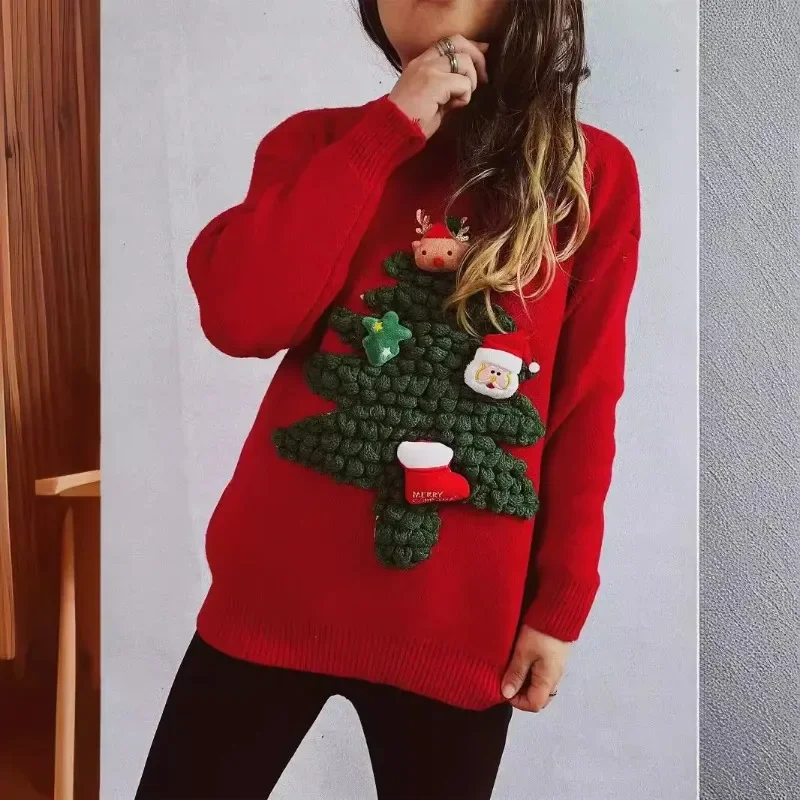 Autumn/winter New American Style 3D Flocking Christmas Tree Red Sweater Loose-fit Christmas Sweater New Year for Women