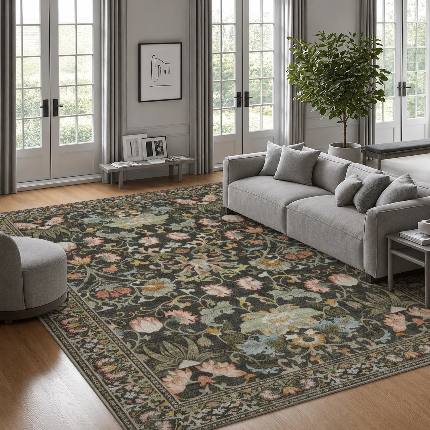 Large Indoor Area Rug, Soft Velvet Low Pile Rug with Non-slip Dotted Backing, Machine Washable Vintage Ornate Floral Area Rug for Living Room Bedroom, Dark Charcoal Base with Blush Sage Flower Motif