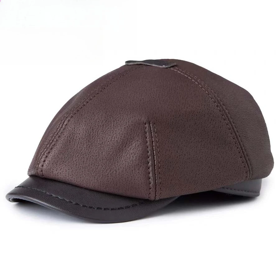

Vintage Beret Hat Genuine Leather Cowskin Winter Warm Octagonal Cap for Men Women Bonnet Chapeau Homme Hat Brown
