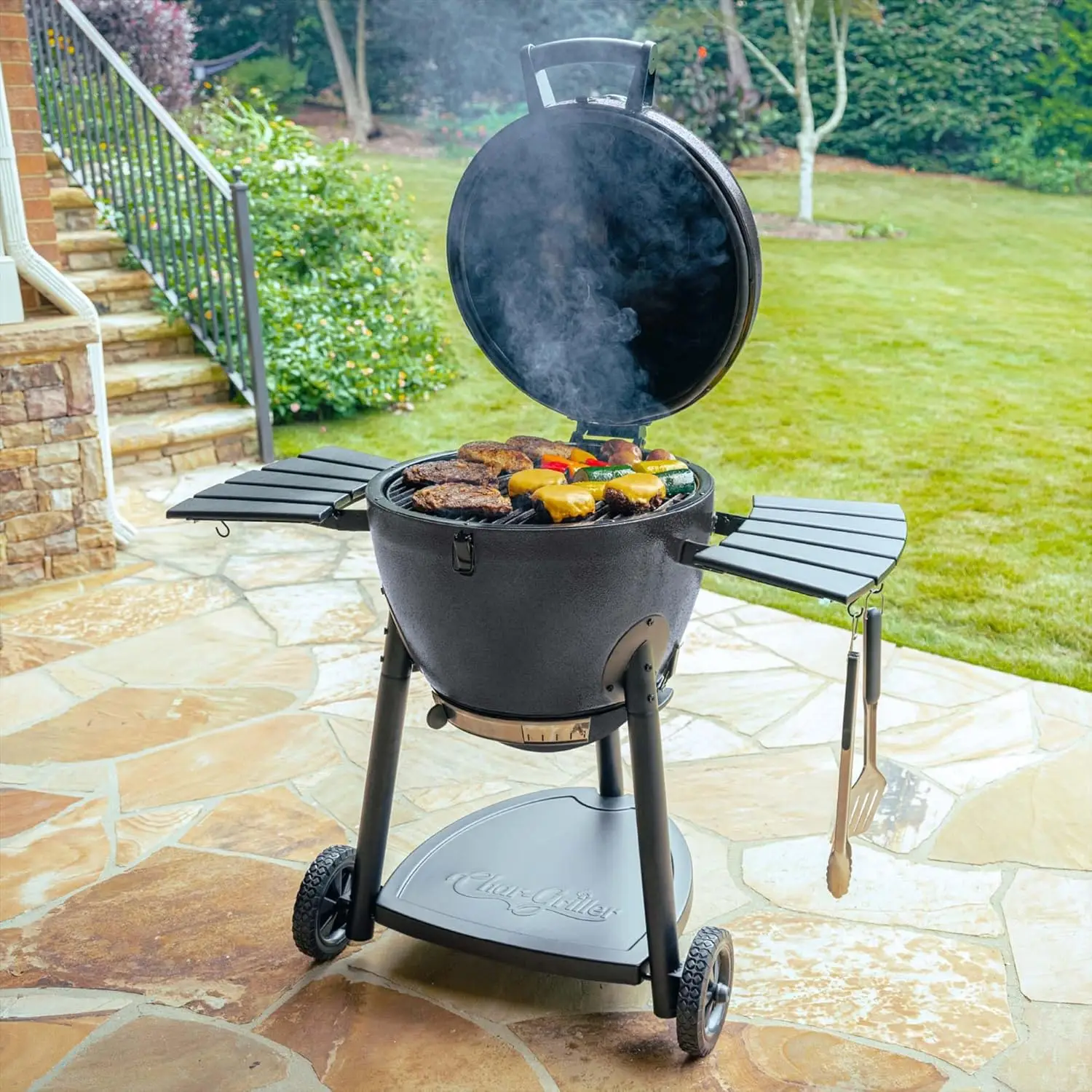 Charcoal Grill and Smoker with Cast Iron Grates, Warming Rack and Locking Lid with 445 Cooking Square Inches in Graphite