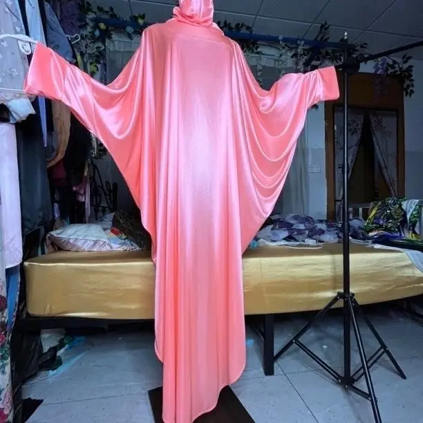 Super Loose Hoodie Mask Glossy Women Satin Batwing Sleeve Long Maxi Dress Plus Size Sleeping Robe