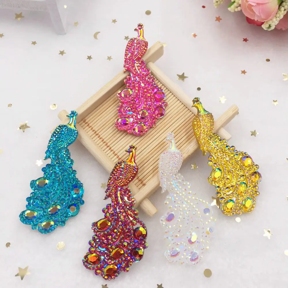 5PCS  AB Resin Peacock Flat back rhinestone gem scrapbook Embellishme DIY Wedding for clothing 2 hole applique SW27