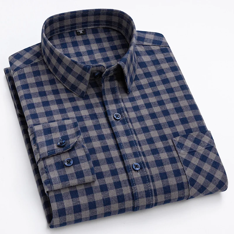 New Spring Autumn 100% Cotton Flannel Plaid Mens Shirts Casual Long Sleeve Regular Fit Dress Shirts For Man Clothes 6XL 5XL 4XL