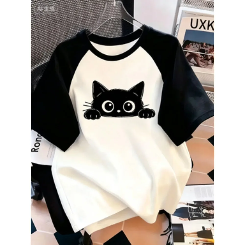 Sketch Walking Black Cat Print Women Raglan T-Shirt Loose Summer Daily Casual Short Sleeve Tee