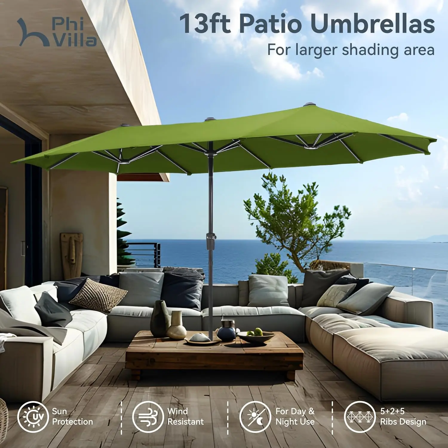 PHI VILLA 13ft Large Patio Umbrellas Double-Sided Outdoor Market Rectangle Umbrella for Outside Lime Green