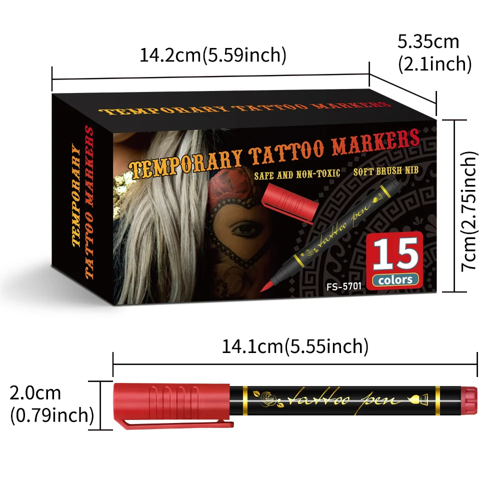 

Temporary Tattoo Markers for Skin, 15-Count Body Markers 15 Colors Tattoo Pens,Flexible Brush Tip, Bright colors, Face Paint Kit