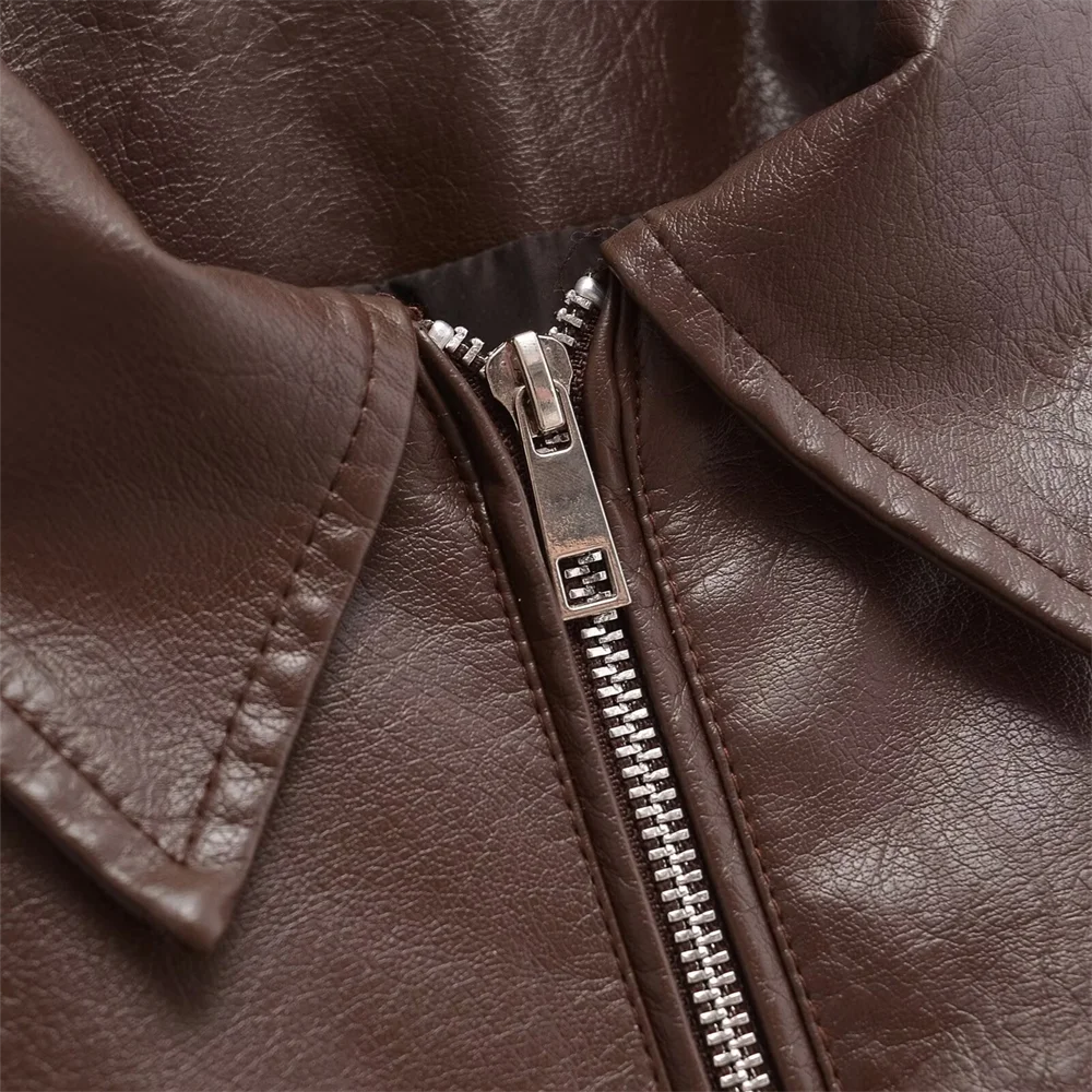 2024 Winter New Women's Clothing Style Commuting Simple Collar Long Sleeve Imitation Leather Pilot Jacket